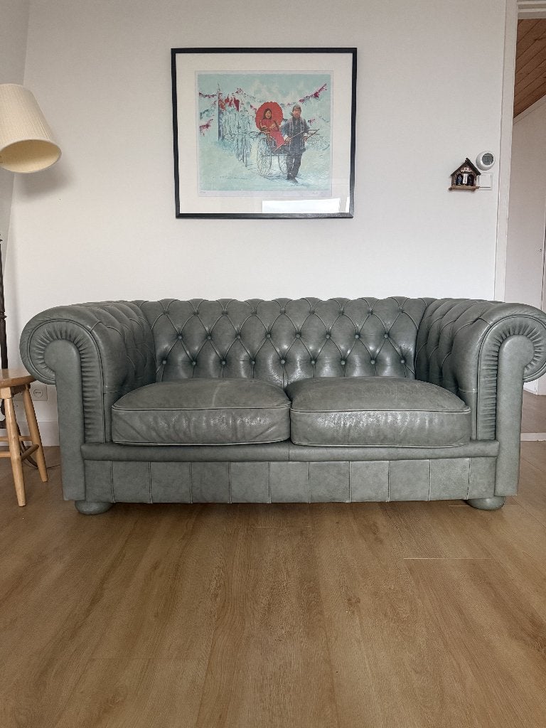 Chesterfield 2 zits bank leer, Ophalen, Gebruikt, 150 tot 200 cm, Tweepersoons