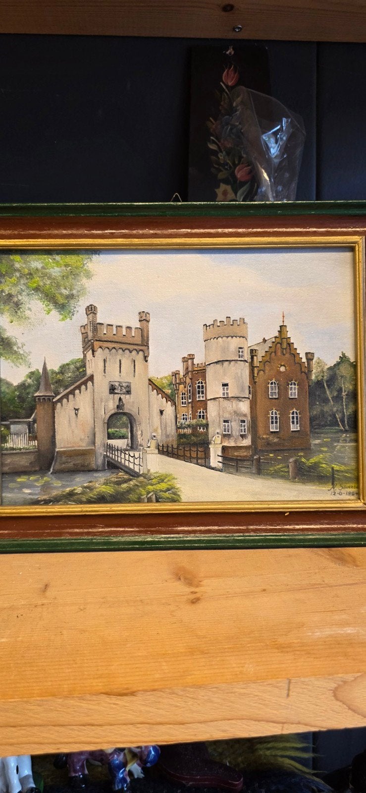 Schilderij Kasteelgezicht gesigneerd H. Smeets, 1994, Ingelijst, Doek, Realistisch, Ophalen of Verzenden
