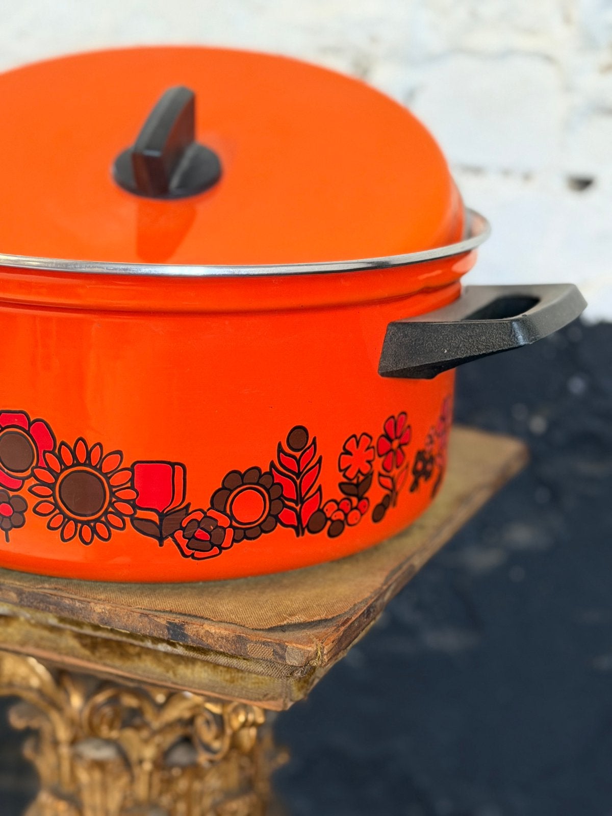 vintage Brabantia emaille pan oranje bloemen Diane groot, Met deksel, Ophalen of Verzenden, Gebruikt, Overige materialen