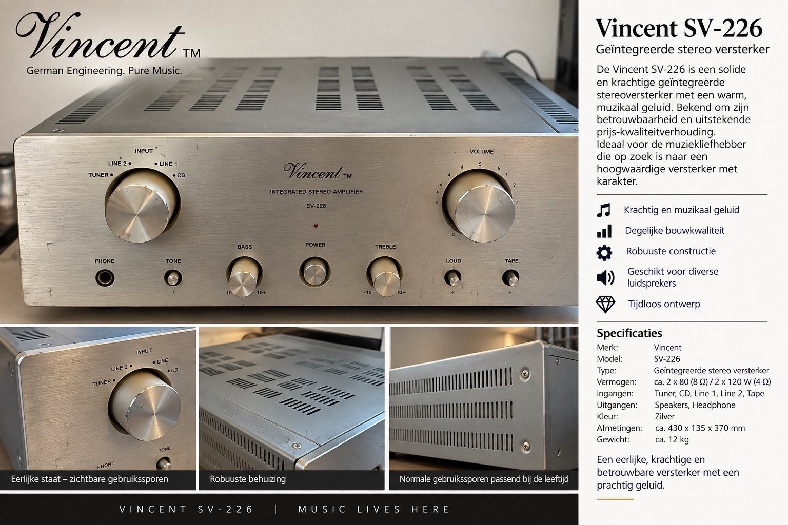 Vincent SV-226 Hybride Stereo Versterker, Gebruikt, 120 watt of meer, Stereo, Ophalen