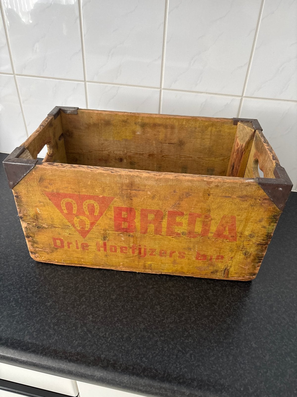 Vintage houten krat Breda Drie Hoefijzers Bier, Ophalen of Verzenden