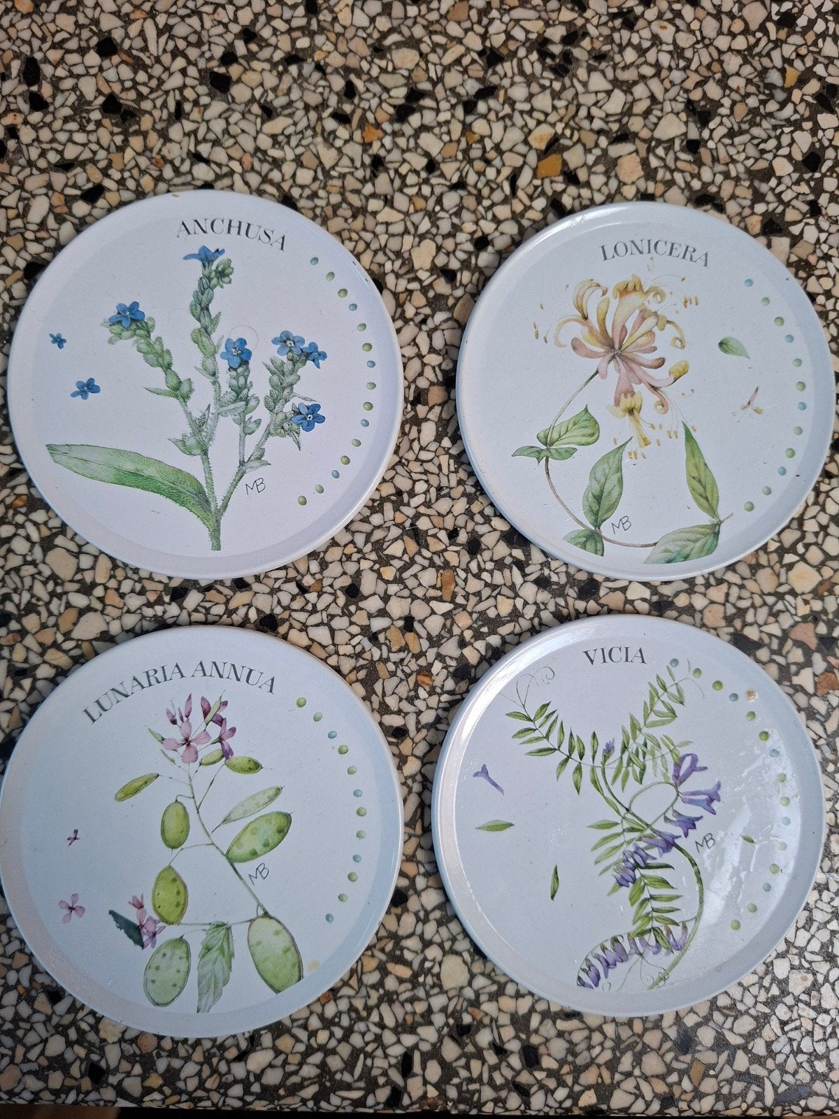 4 onderzetters marjolein bastin bloemen libelle, Gebruikt, Kurk, Meerkleurig, Ophalen of Verzenden