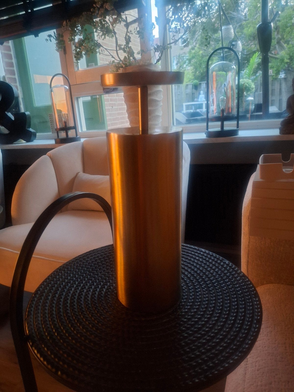 Moderne gouden tafellamp met glazen kap, Overige typen, Goud, Ophalen of Verzenden, Zo goed als nieuw