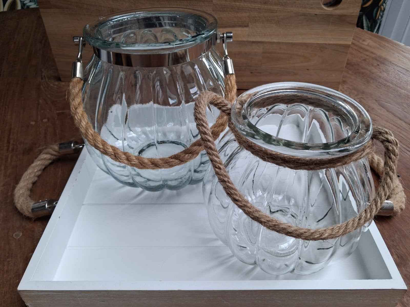 Set van 2 glazen windlichten met touw, Ophalen of Verzenden, Zo goed als nieuw, Overige materialen, Kandelaar