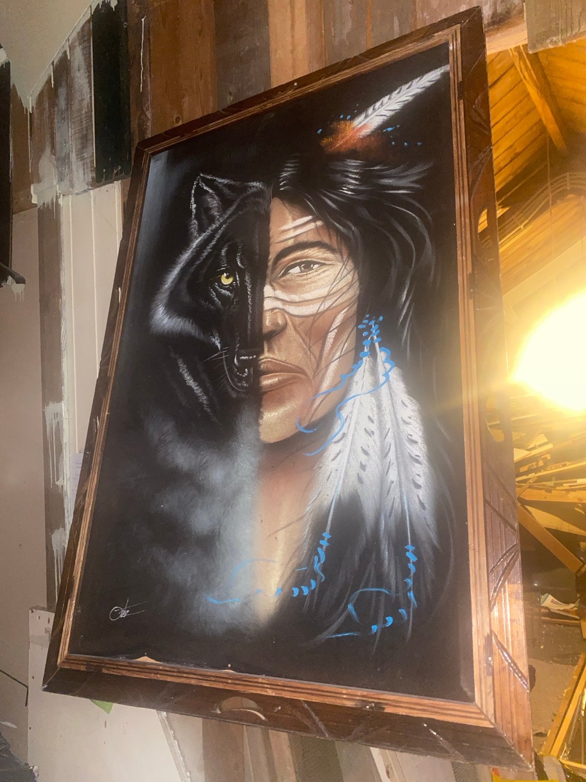 Schilderij: Indiaan met wolf - Mystiek en Krachtig, Ophalen, Doek, Portret of Personen, Expressionistisch