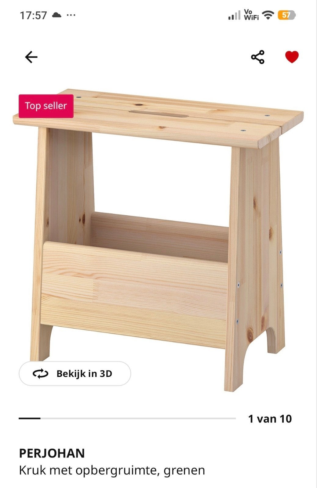 IKEA PERJOHAN Kruk met opbergruimte, grenen, Ophalen, Nieuw, Hout