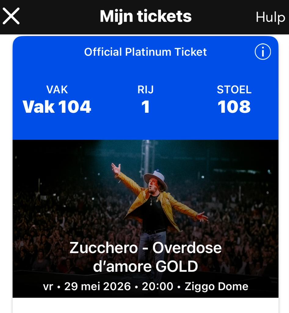 Concert Zucchero, 2 topplaatsen 1ste rij Ziggodome!, Twee personen, Mei