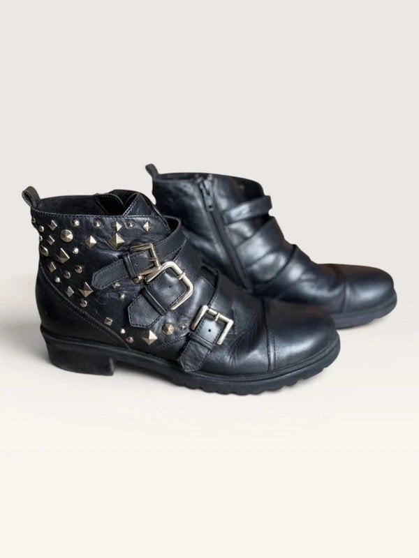 Steve Madden Sparkie Enkellaarzen – zwarte leren bikerboots, Steve Madden, Ophalen of Verzenden, Gedragen, Zwart