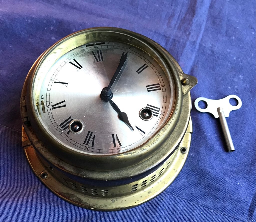 Oude scheepsklok, mechanisch uurwerk, slaat 8 glazen, Ophalen of Verzenden, Gebruikt, Overige typen