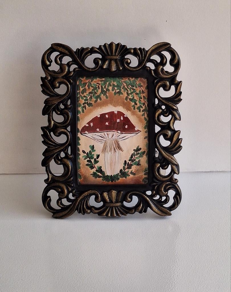 Schilderij met paddenstoel in lijstje, Ophalen of Verzenden