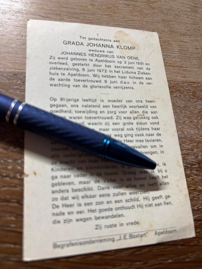 Klomp Grada 1891 Apeldoorn 1972 x van Oene - E00271, Ophalen of Verzenden, Bidprentje