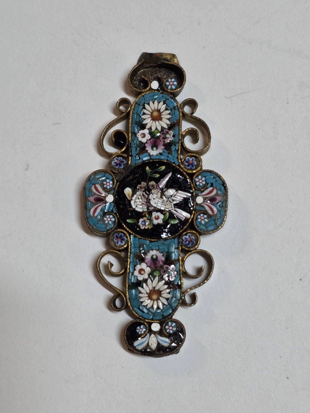 Antieke micro mozaïek broche/hanger met duiven en bloemen, Ophalen of Verzenden