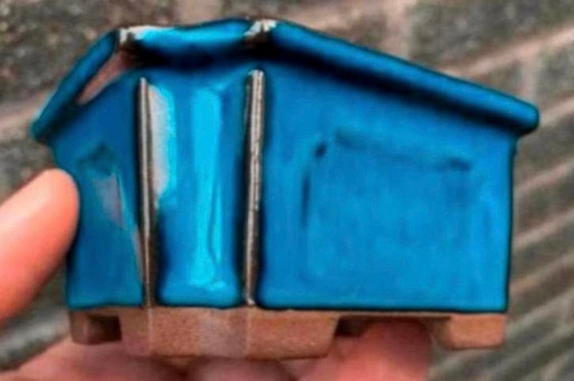 Bonsai pot blauw geglazuurd Japans aardewerk 9,4x7,8x4,5, Ophalen of Verzenden, Zo goed als nieuw, Aardewerk, Rechthoekig
