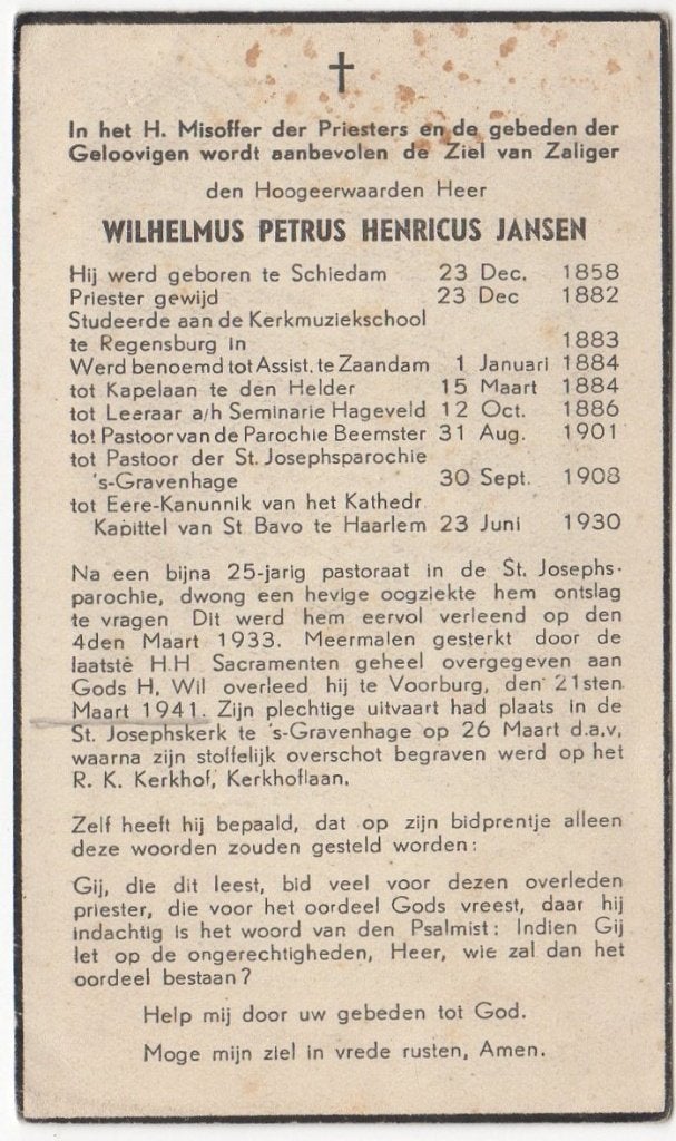 pastoor Wilhelmus P.H. Jansen 1858 Schiedam + 1941 Voorburg, Verzenden
