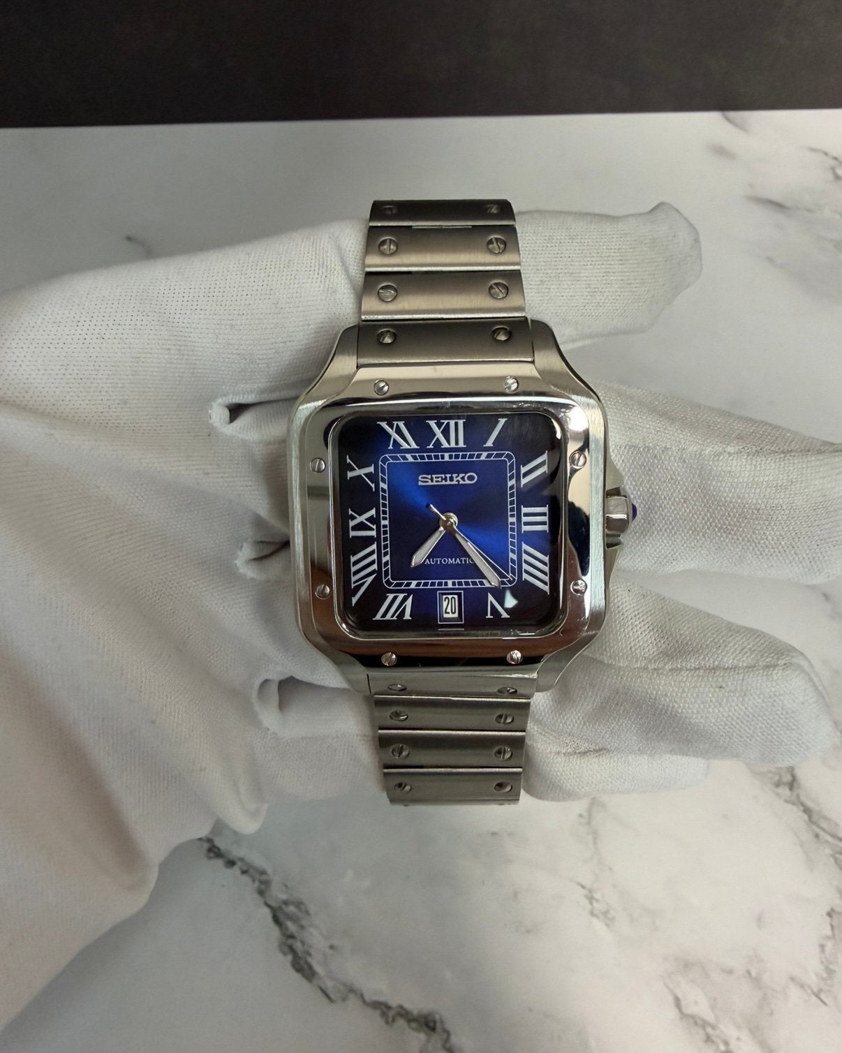 Seiko Mod Automatic - Vierkant Blauwe Romeinse Dial, Seiko, Staal, Polshorloge, Ophalen of Verzenden