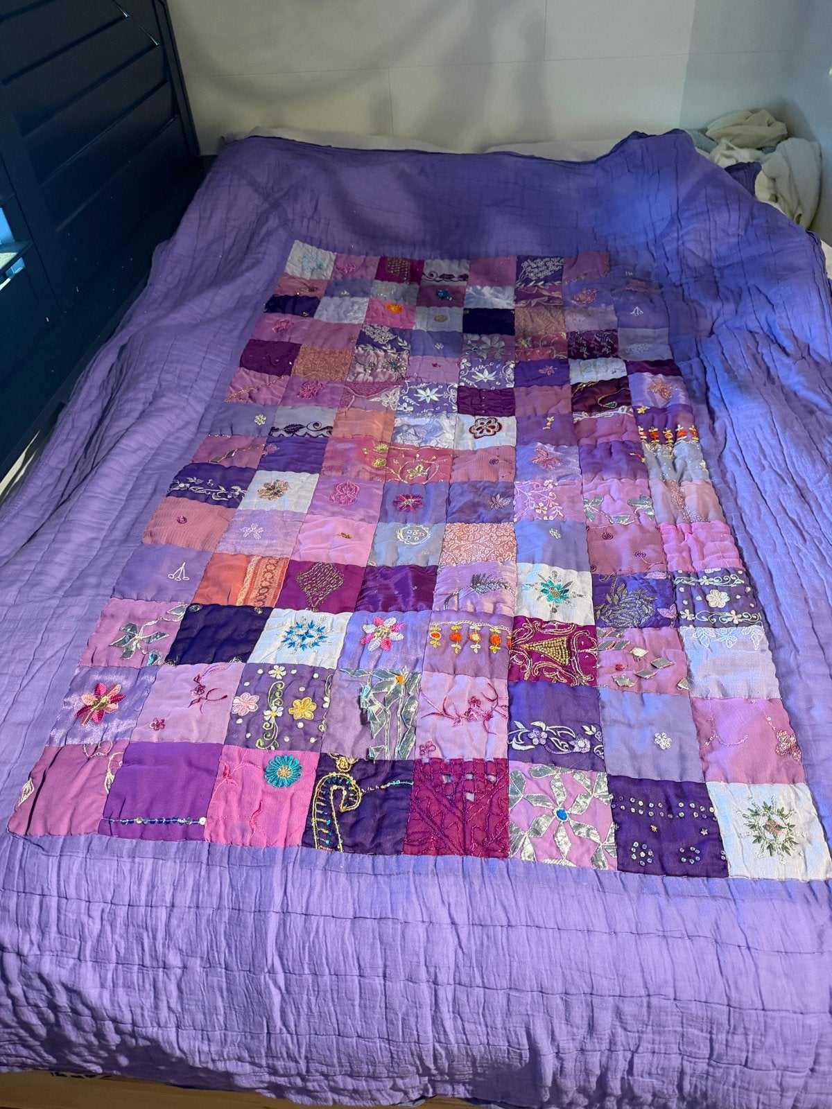 Handgemaakte Patchwork Sprei - Paars/Lila 100% Katoen, Ophalen of Verzenden, Gebruikt, Paars