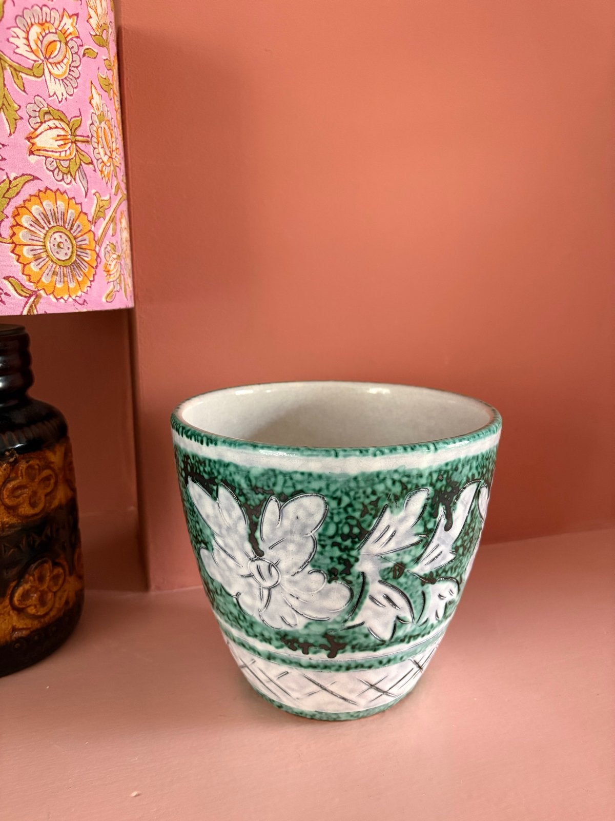 Vintage Italiaanse bloempot - Groen met bloemmotief, Ophalen