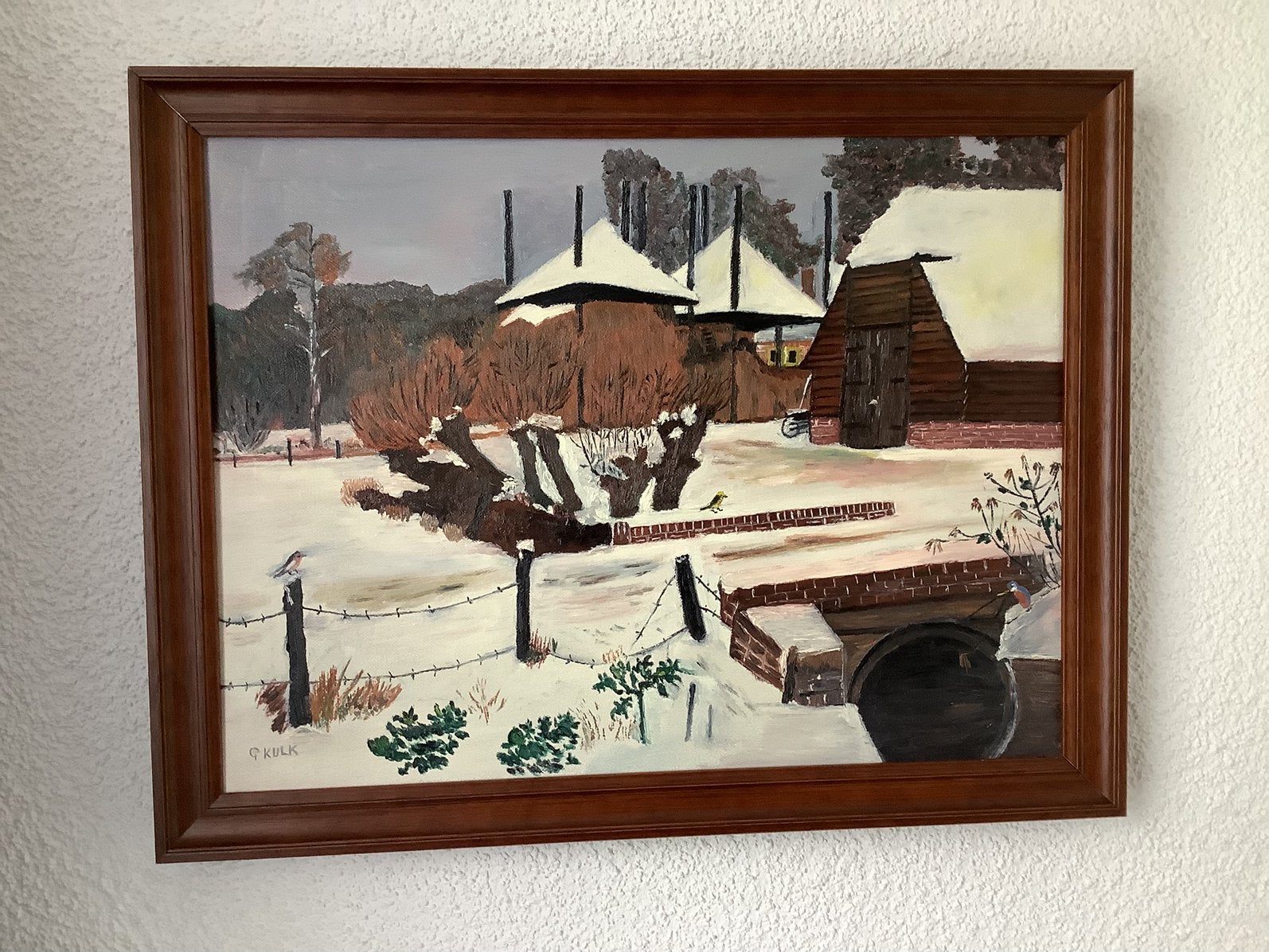 Schilderij Winterlandschap met boerderij en knotwilgen, Doek, Realistisch, Ophalen of Verzenden, Gesigneerd