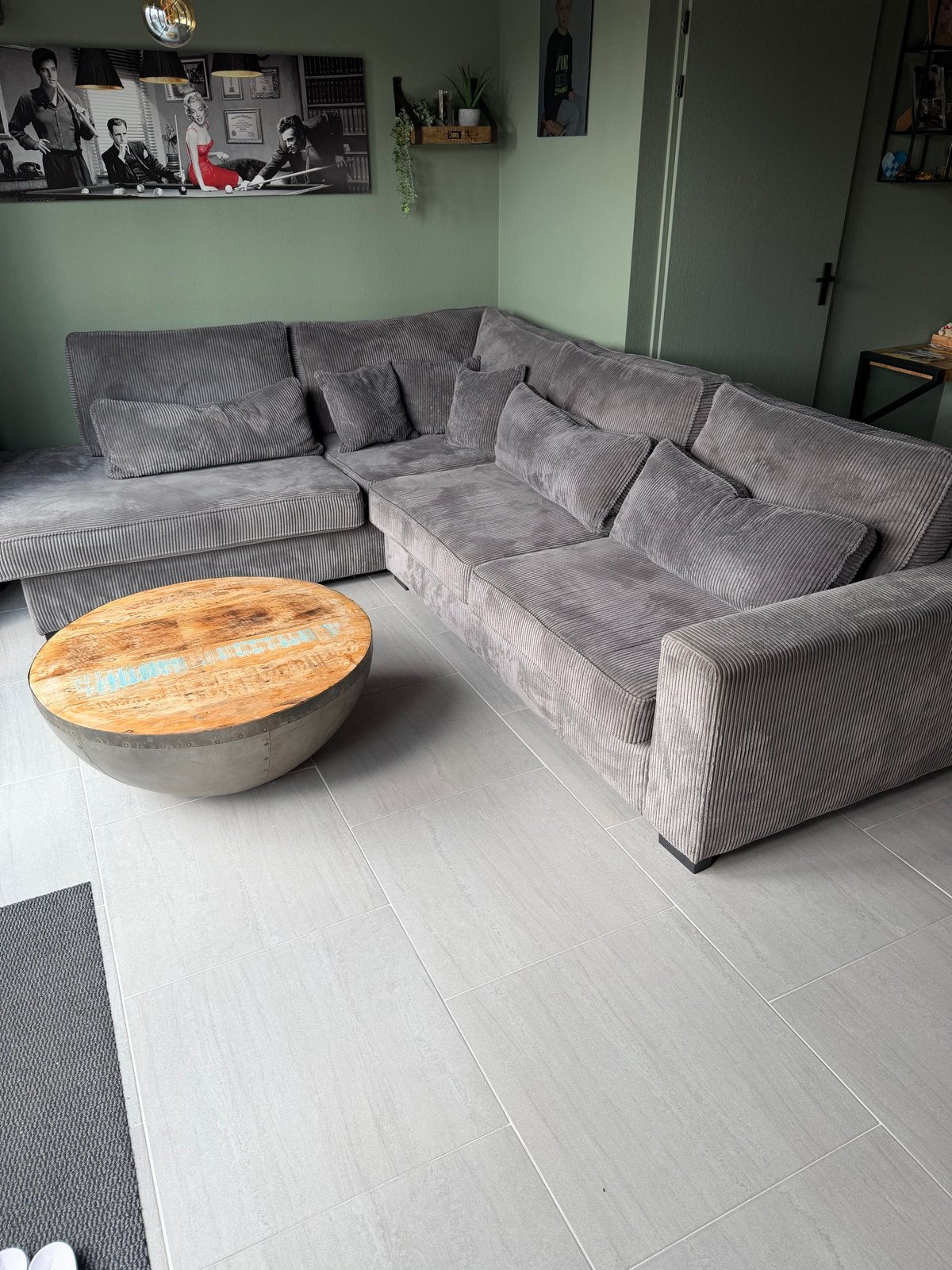 Grijze ribstof hoekbank - Zo goed als nieuw, Ophalen, 100 tot 125 cm, Hoekbank, 300 cm of meer