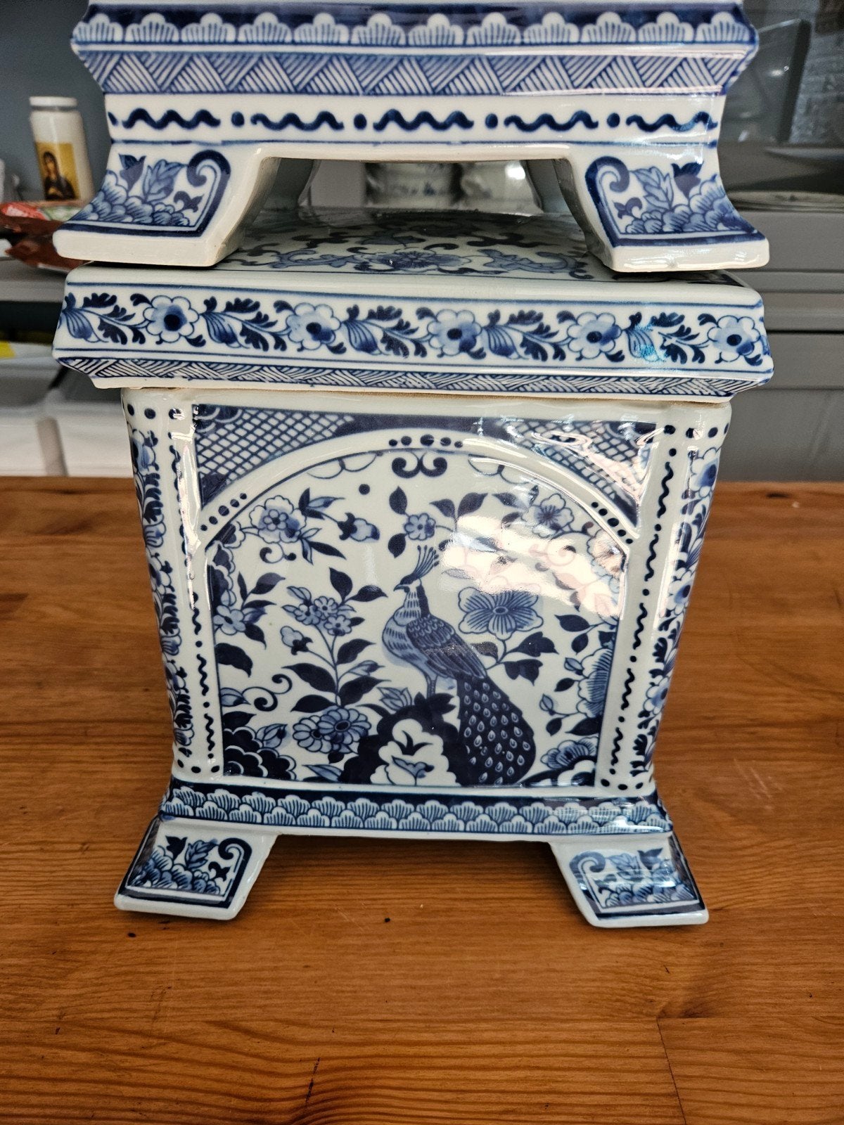 Delfts Blauw Porseleinen sokkel met Pauwdecor, Ophalen of Verzenden