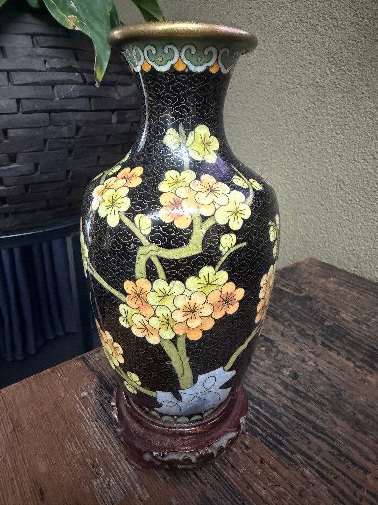chinese Cloisonné Vaas chinees handwerk met houten voet, Ophalen of Verzenden