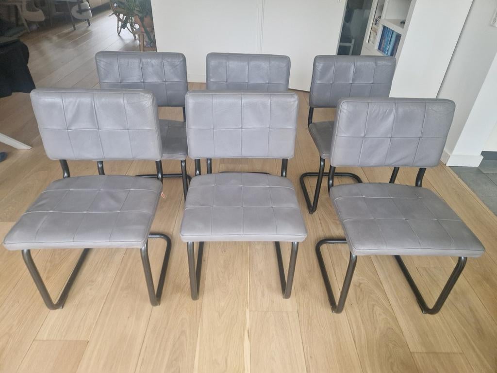 6 grijze leren eetkamer stoelen, Huis en Inrichting, Ophalen, Leer, Zo goed als nieuw, Grijs