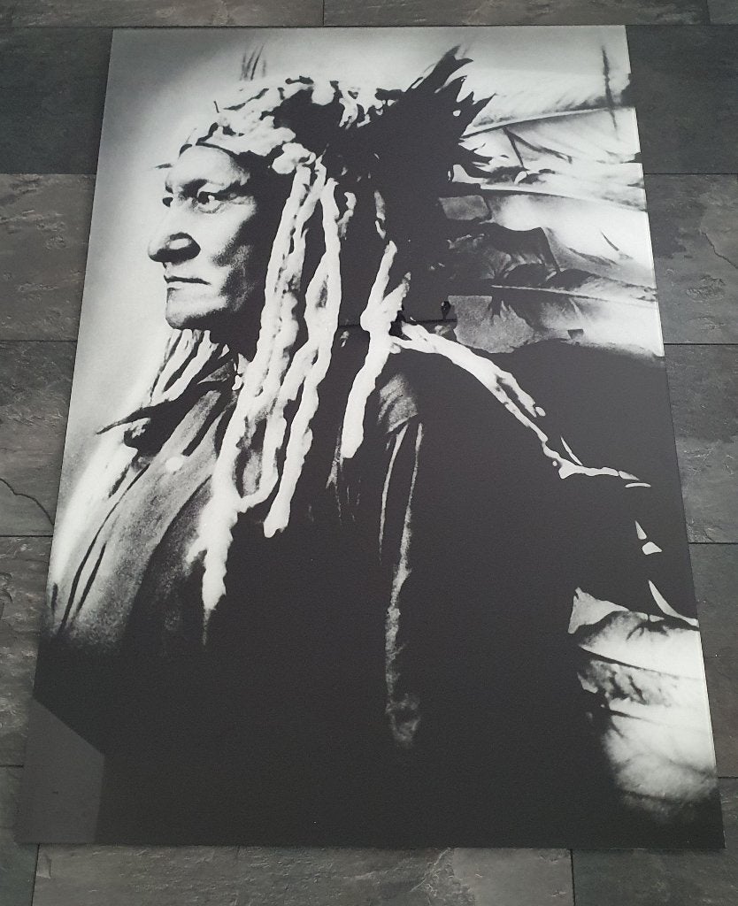 glasschilderij Indian Chief Sitting Bull 80 cm x 120 cm, Antiek en Kunst, Kunst | Schilderijen | Modern, Glas, Ingelijst, Ophalen of Verzenden