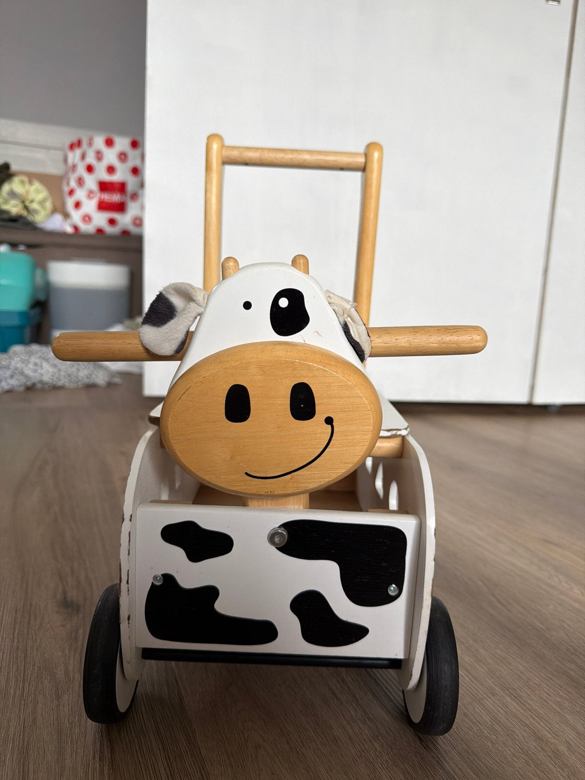 Houten loopwagen koe - Duw- en rijspeelgoed, Kinderen en Baby's, Ophalen, Gebruikt, Rij- of Hobbelspeelgoed