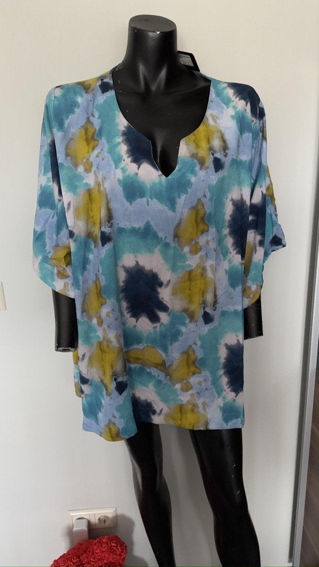 Ophilia tuniek/jurk tie-dye blauw/geel maat 48/50/52/54, Maat 46/48 (XL) of groter, Nieuw, Korte mouw, Meerkleurig