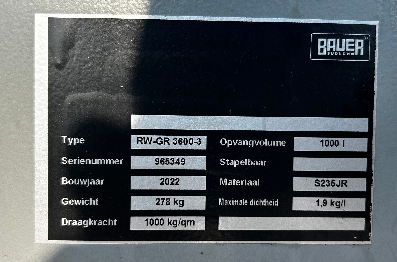 Olieopvangbak Bauer RW-GR 3600-3 Olie 1000L – Z.G.A.N., Ophalen, Zo goed als nieuw, 250 mm of meer