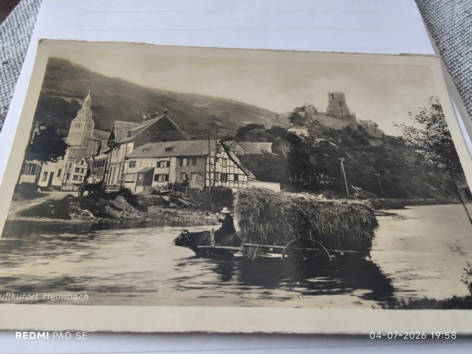 Oude foto Heimbach, Duitsland - Koeienkar in de rivier, Ophalen of Verzenden, Voor 1940, Gebruikt