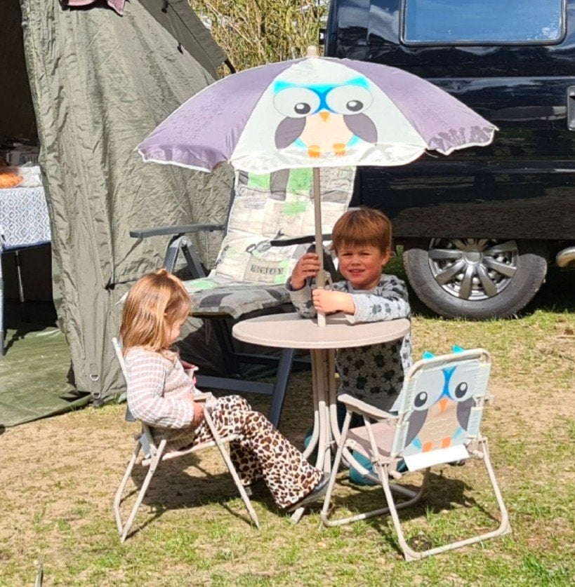Kinder camping set: tafel, stoelen en parasol met uil, Ophalen of Verzenden