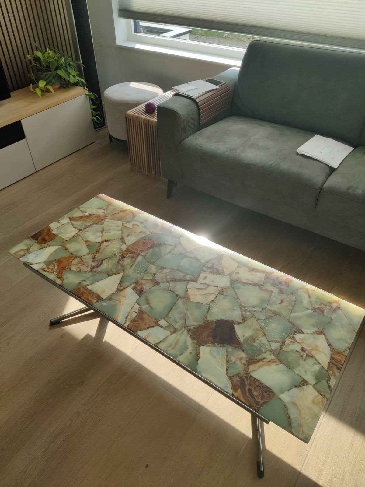 Vintage mid-century salontafel / koffietafel onyx / chroom, Ophalen, Gebruikt, 100 tot 150 cm, 50 tot 100 cm
