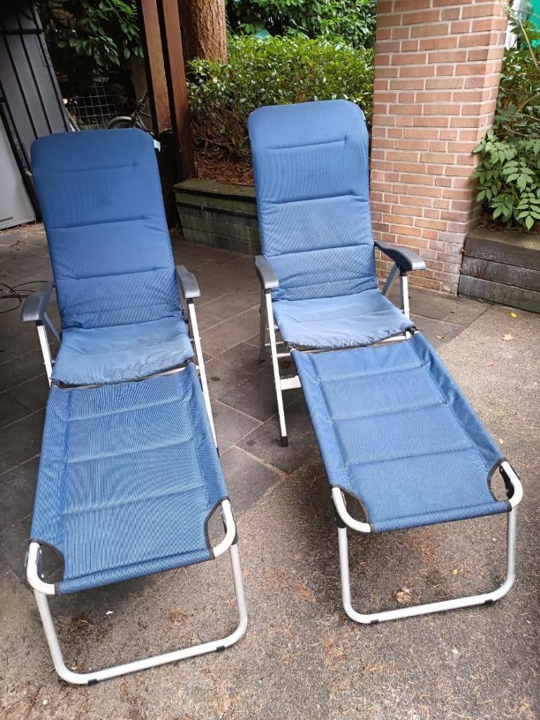 2x vrijbuiter comfortstoelen met voetenbankje, Ophalen, Gebruikt, Campingstoel