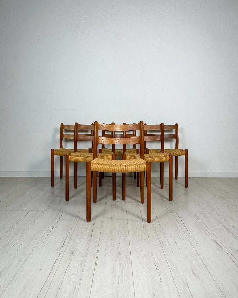 6x Niels Møller model 84 teak papercord stoelen Deens 60s