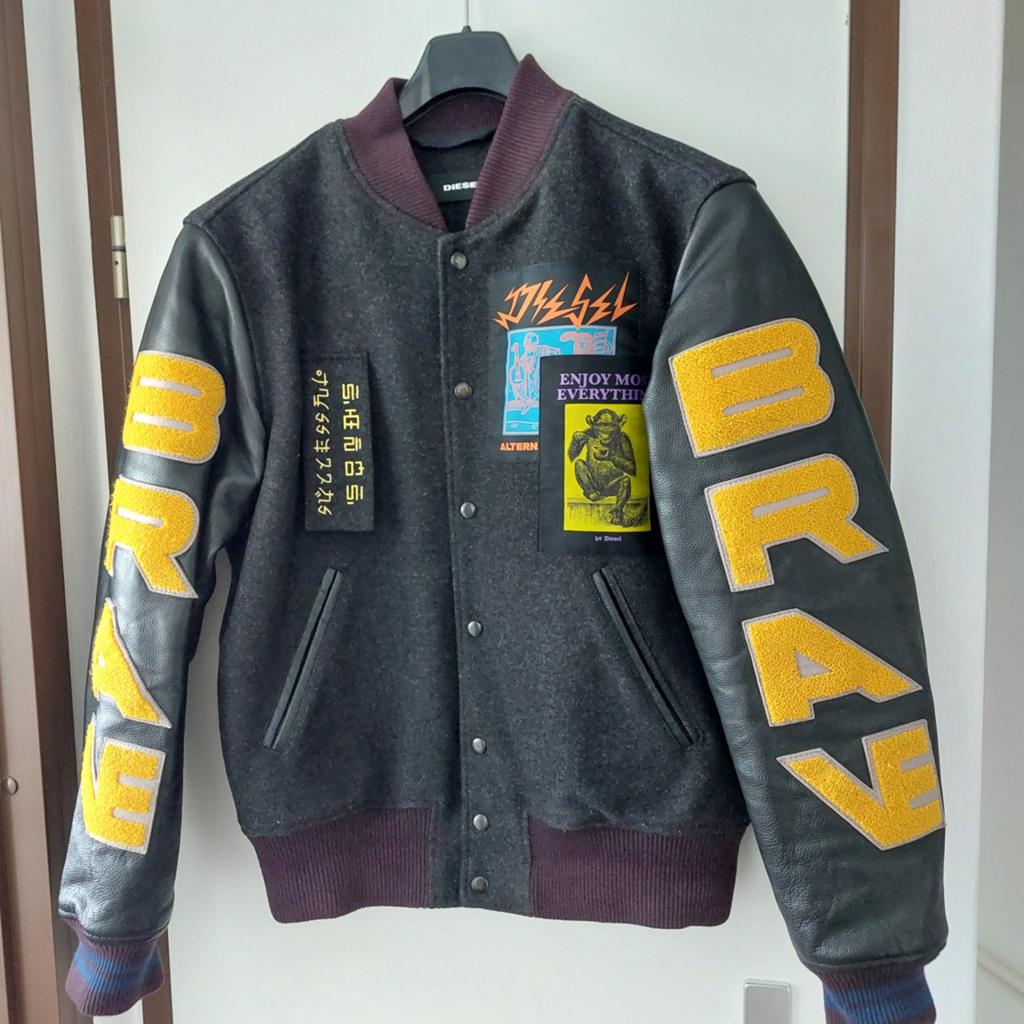 Diesel Varsity Bomberjack Leer Wol Patches Maat L, Maat 52/54 (L), Diesel, Ophalen of Verzenden, Grijs