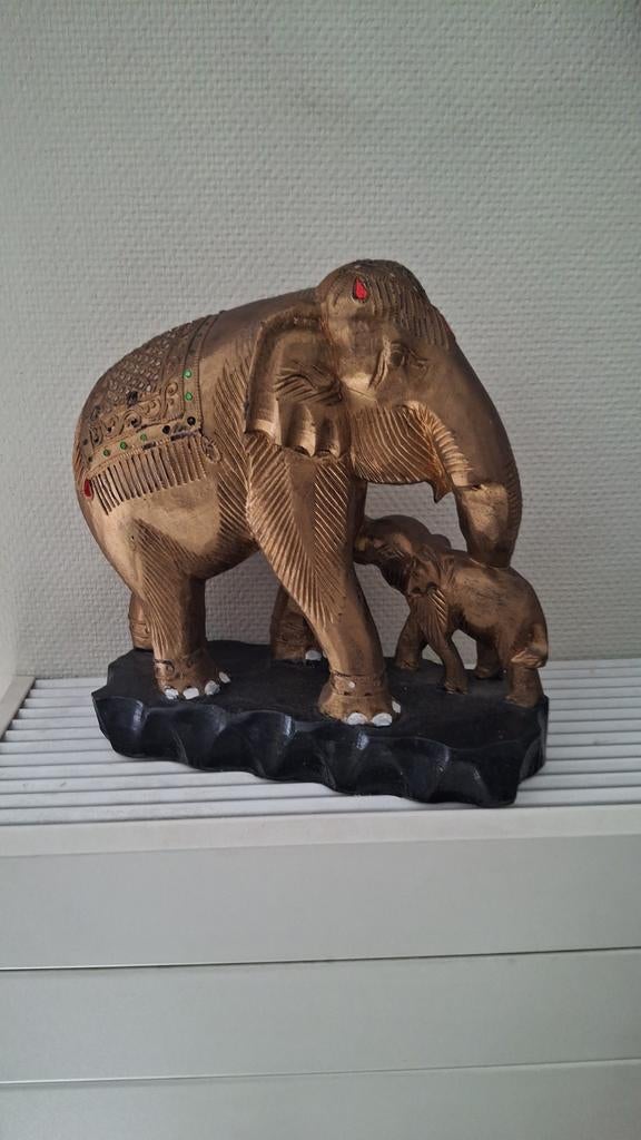 Rijk versierde houten olifant met jong, 33cm hoog, Ophalen of Verzenden, 20 - 50 cm, Beeld, Hout