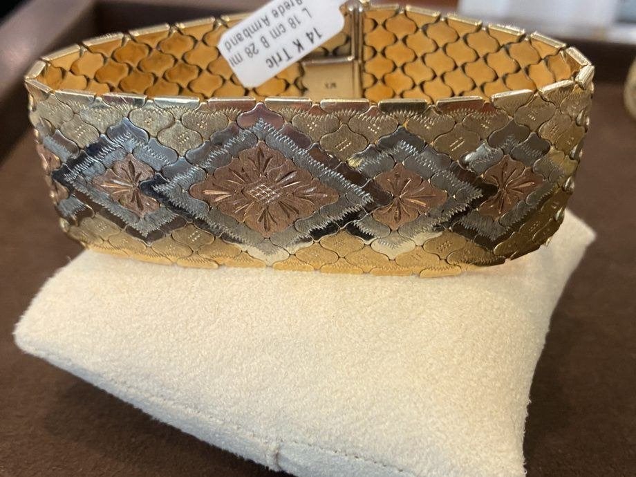 Prachtige Tricolor Gouden Vintage Armband 14 KRT, Voorstaat 23, Ophalen of Verzenden, Zo goed als nieuw, Info@kleenedelmetalen.nl