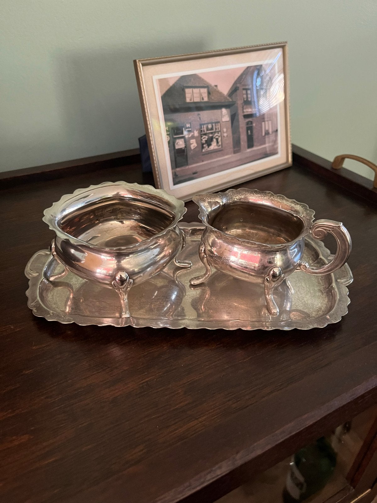 Vintage Zilverkleurige Suikerpot, Melkkan en Dienblad Set, Ophalen of Verzenden, Zilver