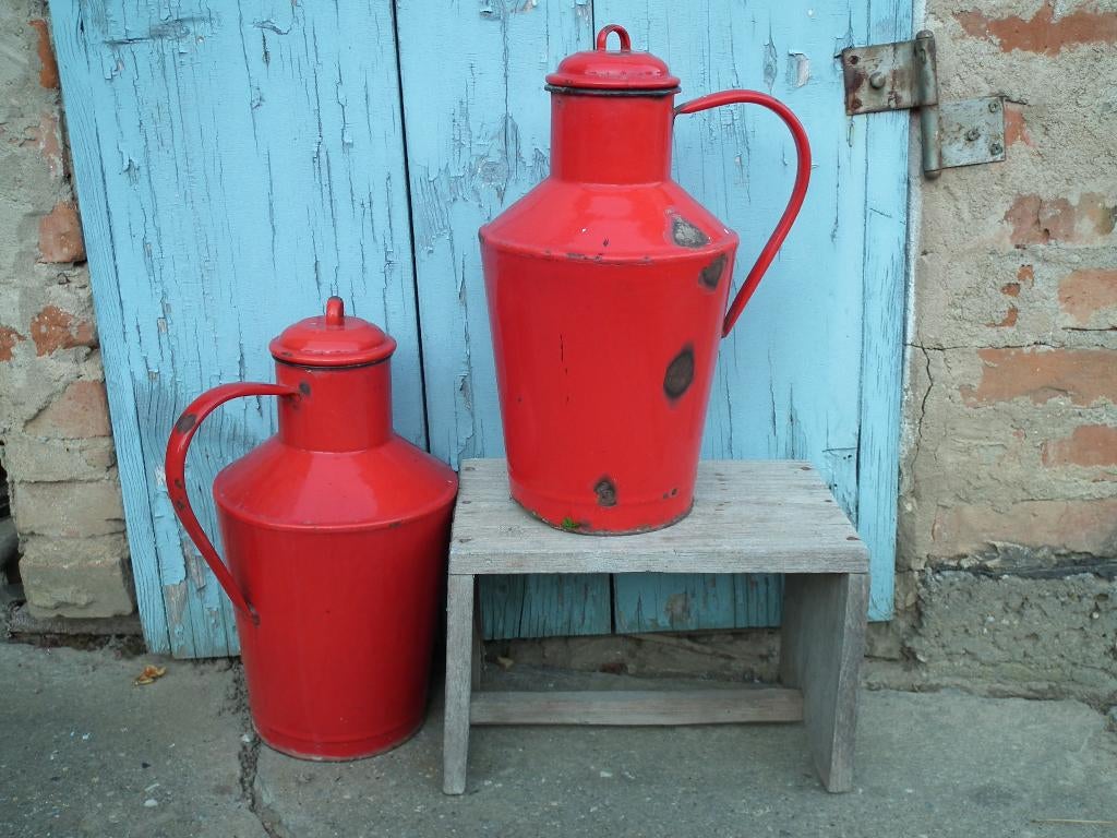 vintage kannen van rood emaille, Antiek en Kunst, Curiosa en Brocante, Ophalen of Verzenden