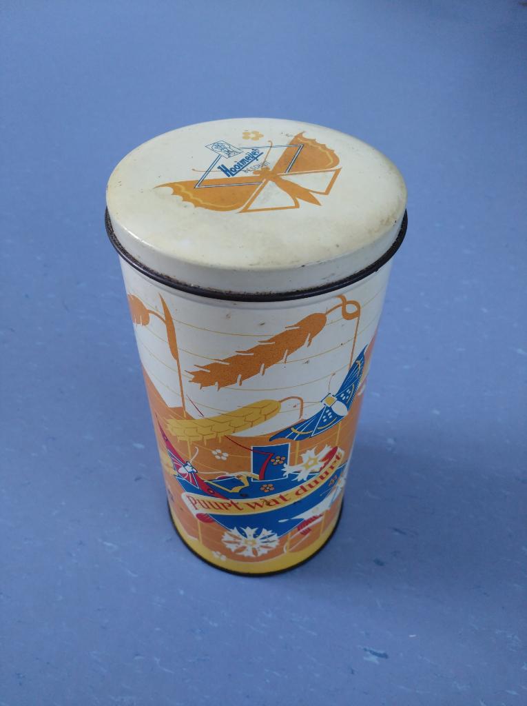 Hooimeijer blik vintage blikken bus / trommel 11x21cm, Ophalen of Verzenden, Gebruikt, Overige