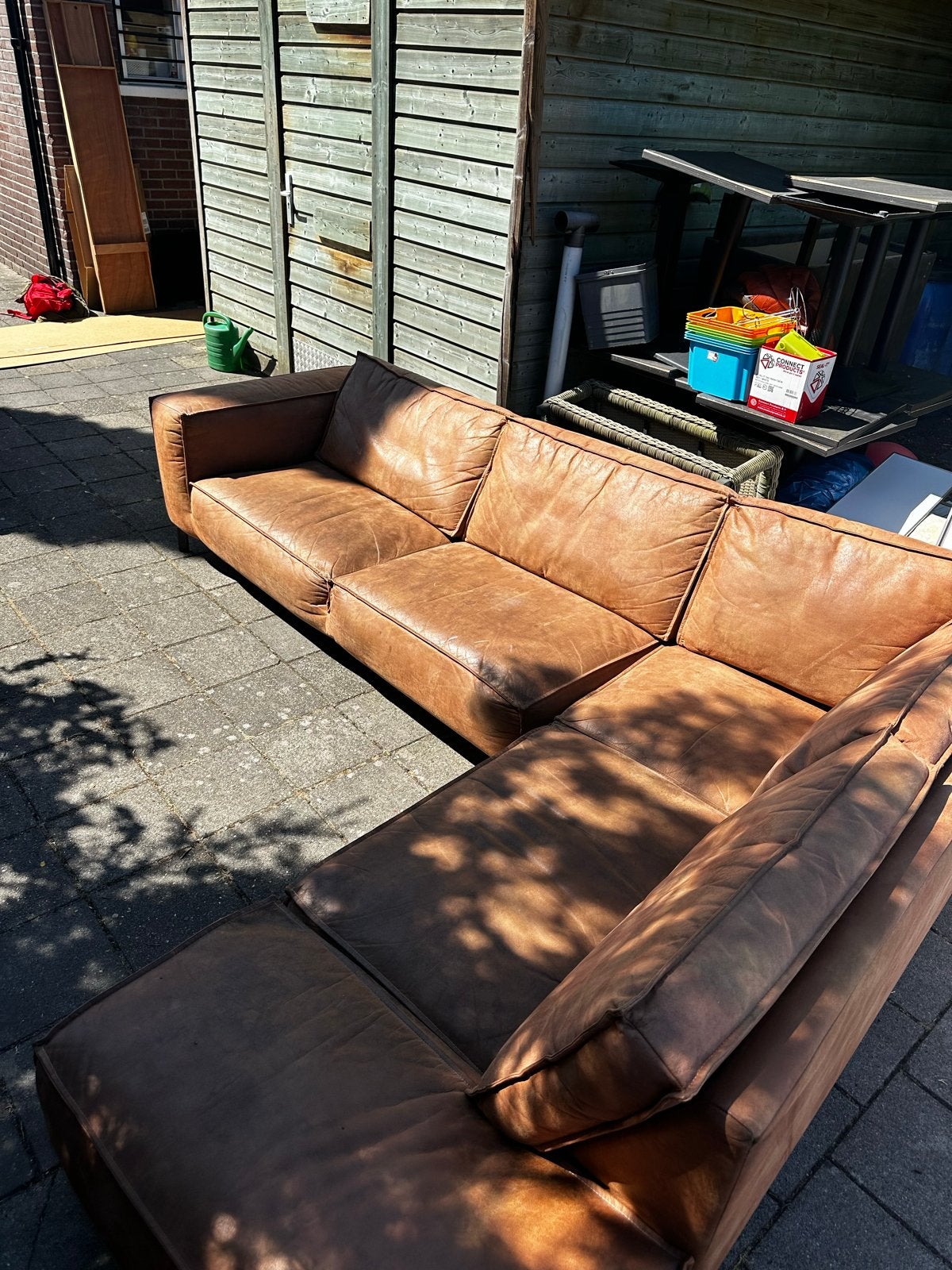 Leren hoekbank - Cognacbruin GRATIS, Ophalen, 250 tot 300 cm, Gebruikt, 100 tot 125 cm