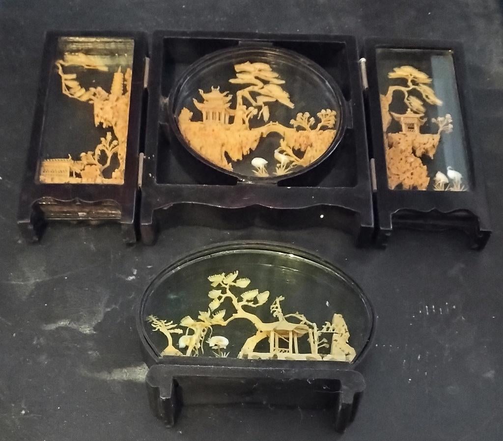 2 decoratieve Chinese kurken diorama's, 3 luik., Antiek en Kunst, Ophalen