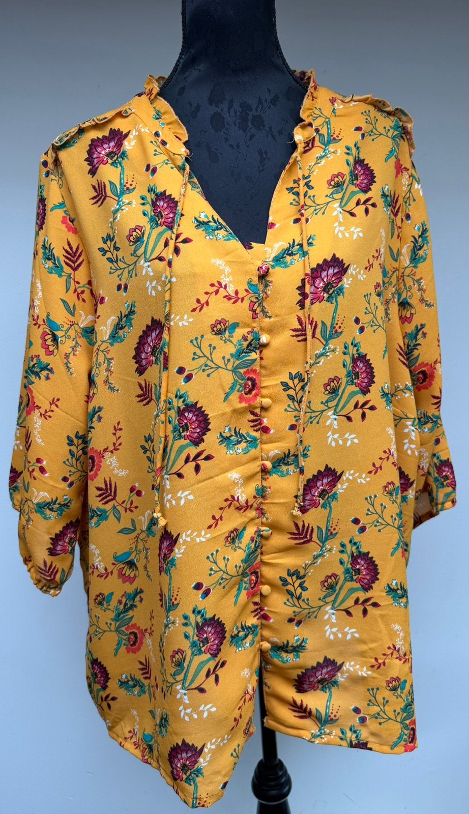 Superleuke gele blouse rode bloemen GEMO (pulp) mt 54, Kleding | Dames, Verzenden, Zo goed als nieuw, Maat 46/48 (XL) of groter