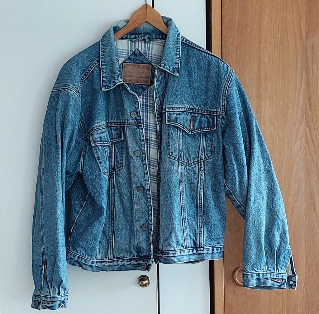 Vintage spijkerjack met geruite voering, Maat 38/40 (M), Blauw, Ophalen of Verzenden, Onbekend