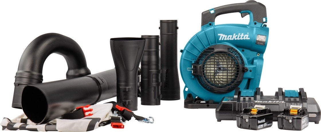 Makita DUB363 Bladblazer/zuiger + 4x accu en Duo snellader., Met opvangzak, Ophalen of Verzenden, Zo goed als nieuw, Makita