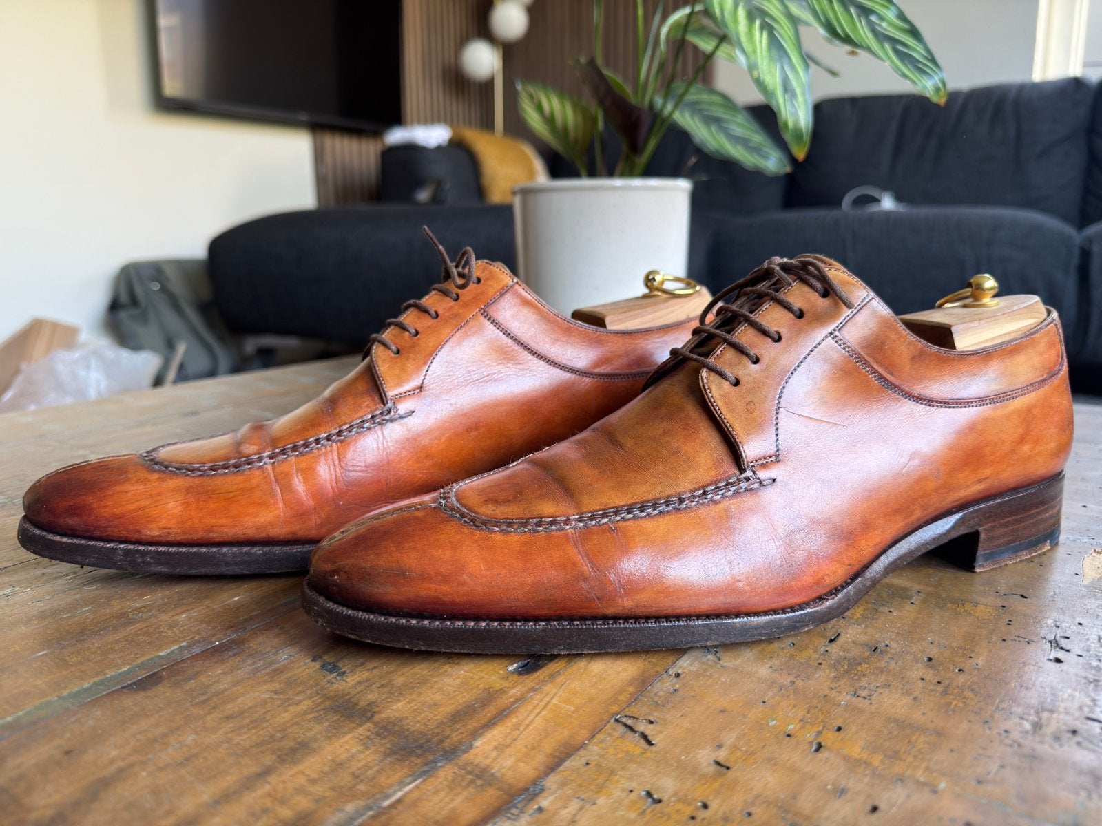 Santoni leren schoenen cognac – 43 – incl. schoenspanners, Bruin, Ophalen of Verzenden, Gedragen, Veterschoenen
