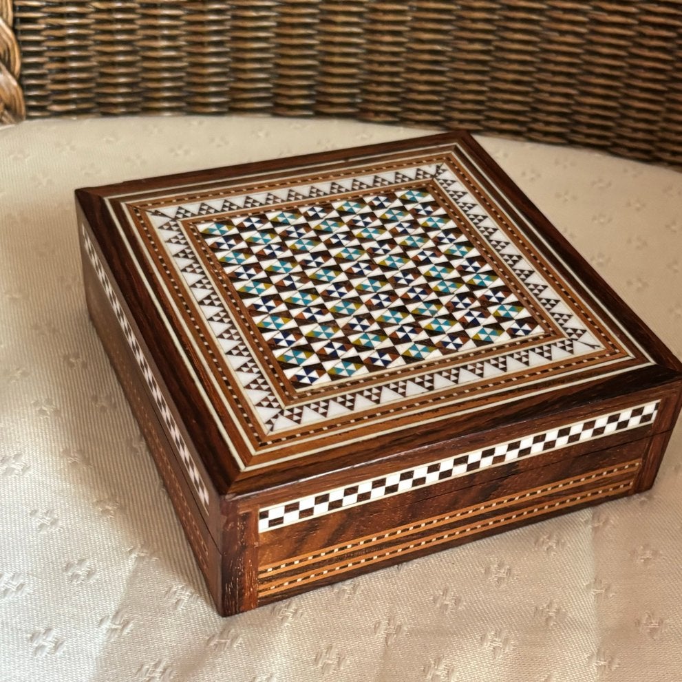 Prachtige handgemaakte mozaïk sieradendoos met inlegwerk, Ophalen of Verzenden