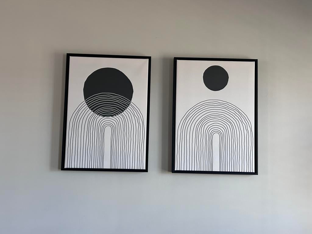 Mooie abstracte schilderijen met een zwarte baklijst, Ophalen, 50 tot 75 cm, Zo goed als nieuw, 50 tot 75 cm