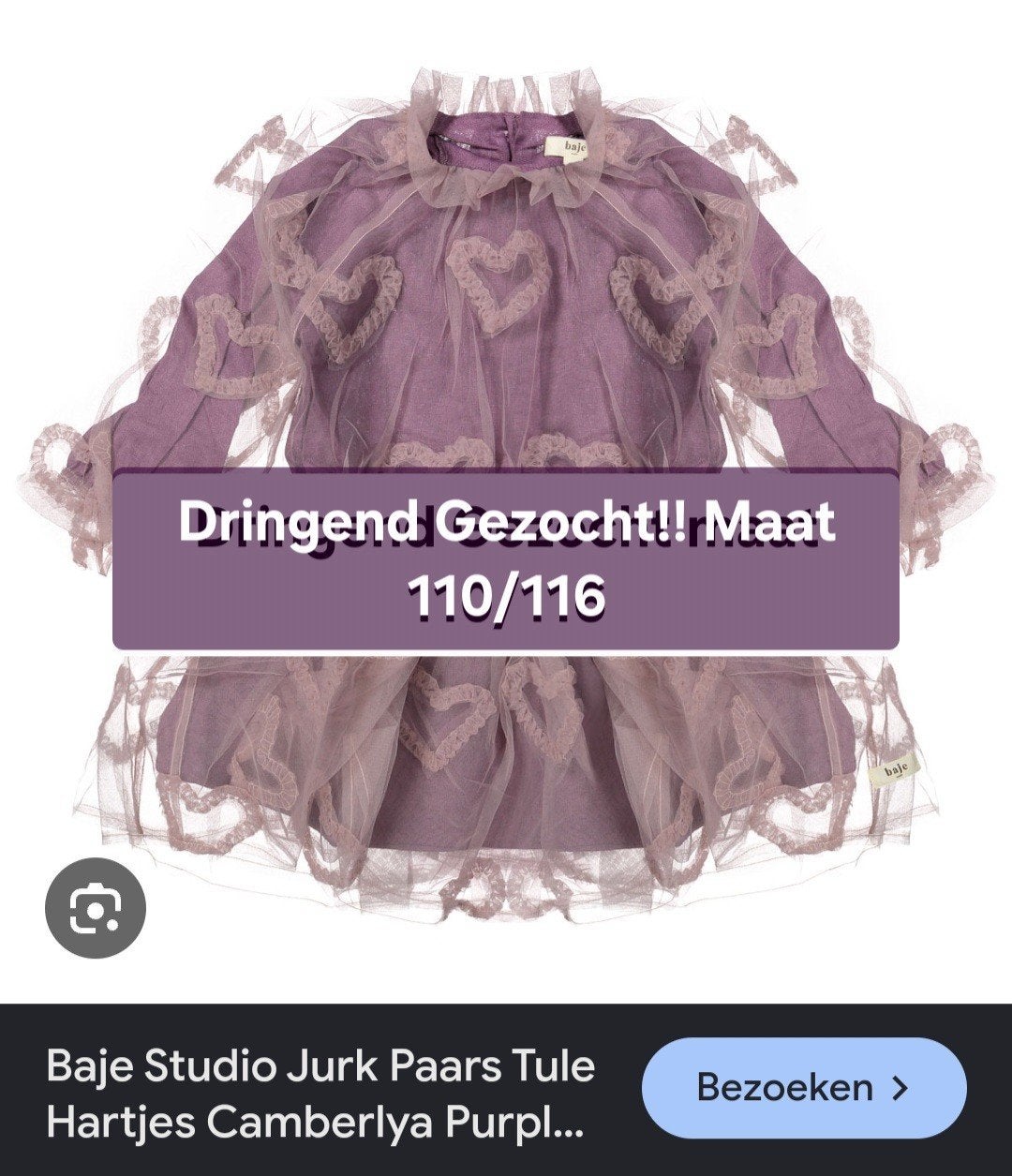 Gezocht!!! Baje Studio Jurk Paars Tule Hartjes Camberlya Pur, Gebruikt, Meisje, Ophalen of Verzenden, Jurk of Rok